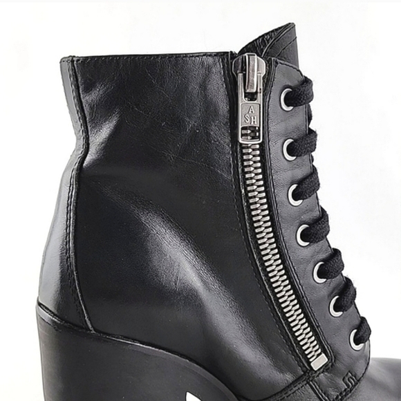 ASH Women's Poker Heeled Black Leather Chunky  Lace Up Dual Zipper Boots Size 37 - Picture 3 of 15